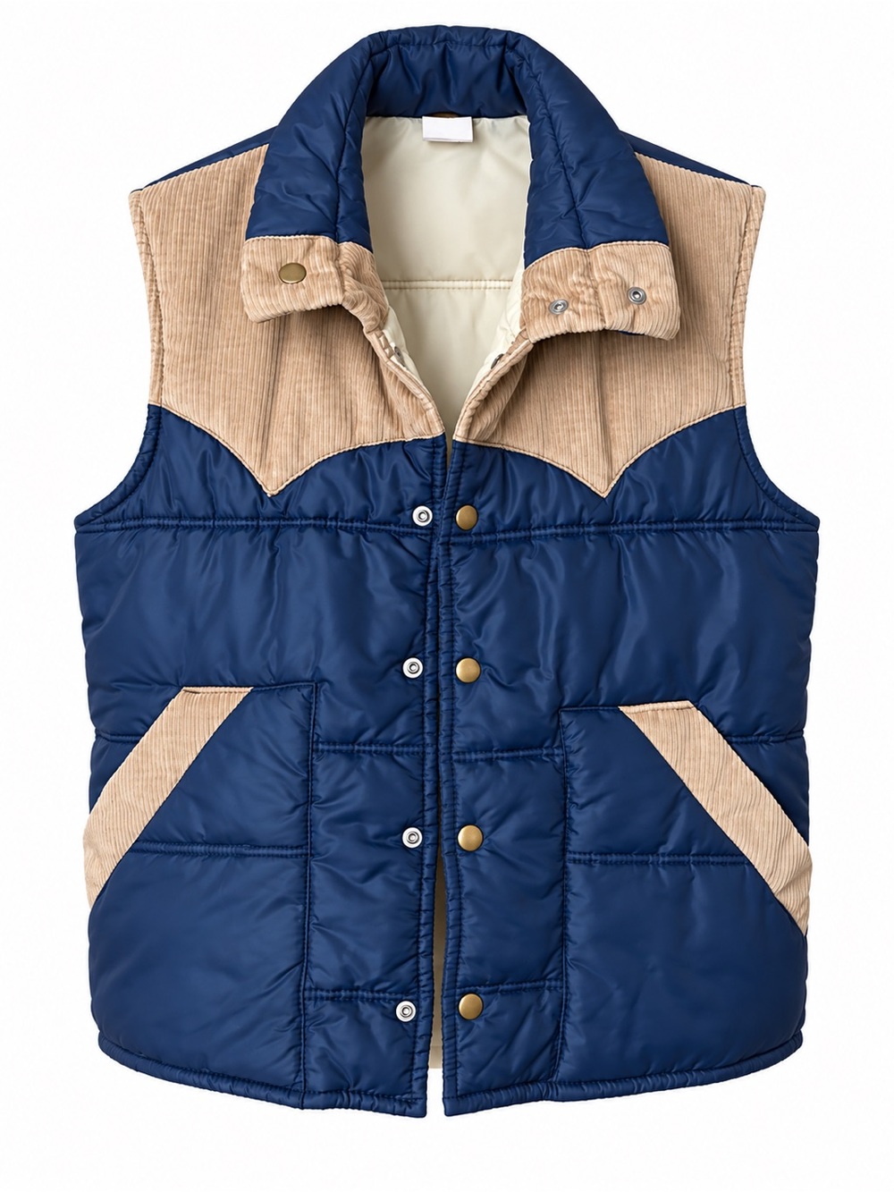 Rare 1970’s Vintage Sovereign Puffer Vest Navy Blue Tan Corduroy